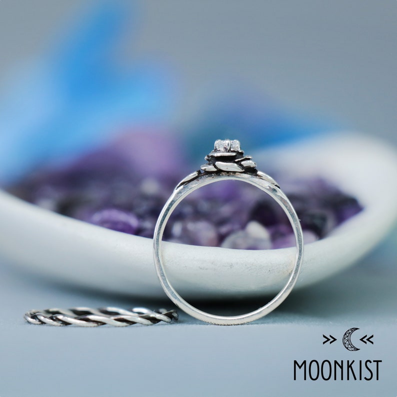Moissanite Rose Engagement Ring Set & Twist Vine Ring, Sterling Silver Nature Inspired Wedding Ring Set | Moonkist Designs