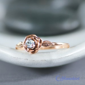 Rose Gold Engagement Ring Flower, 14K Rose Gold Diamond Engagement Ring, Rose Flower Engagement Ring