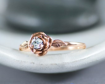 Rose Gold Engagement Ring Flower, 14K Rose Gold Diamond Engagement Ring, Rose Flower Engagement Ring | Moonkist Designs