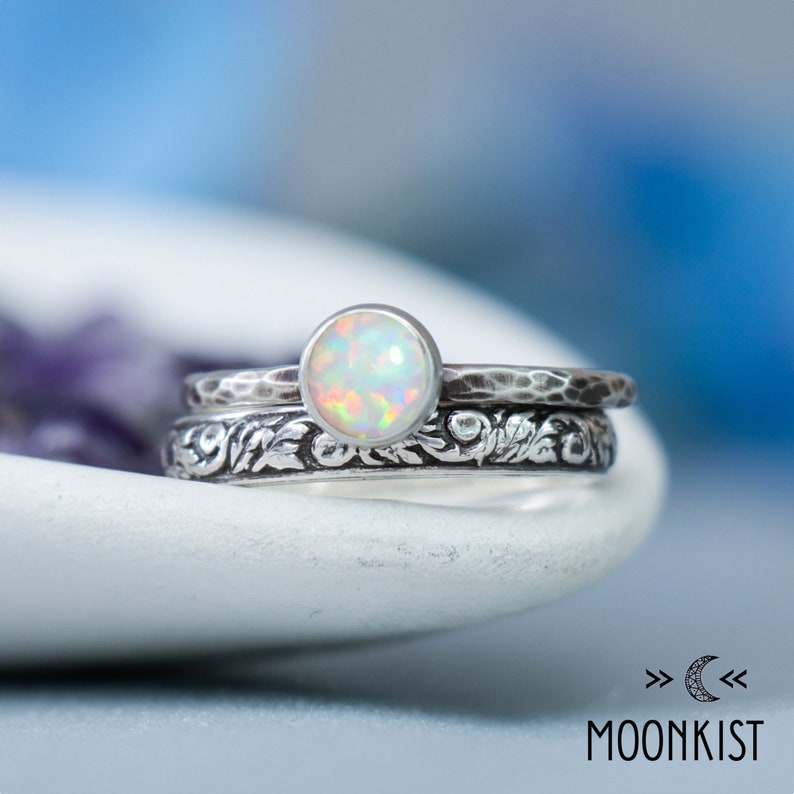 Opal Engagement Ring Set, Sterling Silver Opal Ring Set, Opal Solitaire Ring and Floral Band Ring, Opal Wedding Ring Set Moonkist Designs Opal (Lab)