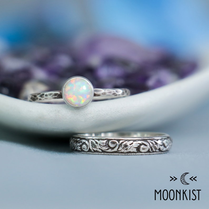 Opal Engagement Ring Set, Sterling Silver Opal Ring Set, Opal Solitaire Ring and Floral Band Ring, Opal Wedding Ring Set Moonkist Designs image 7