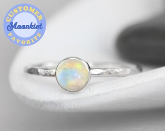 Rainbow Moonstone Promise Ring, Sterling Silver Moonstone Gemstone Ring, Round Stacking Ring, Gift For Her | Moonkist Designs