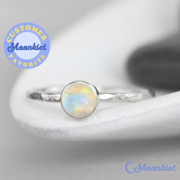 Rainbow Moonstone Promise Ring, Sterling Silver Moonstone Gemstone Ring, Round Stacking Ring, Gift For Her | Moonkist Designs