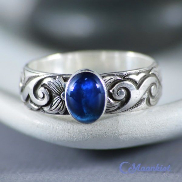 Oval Blue Sapphire Ring, Sterling Silver Sapphire Promise Ring, Wide Band Ring, September Birthstone Ring | Moonkist Designs