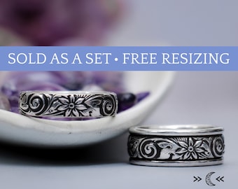 Celtic Spiral and Flower Wedding Band Set, His and Her Rings, Sterling Silver Pagan Wedding Bands, Handfasting Rings | Moonkist Designs