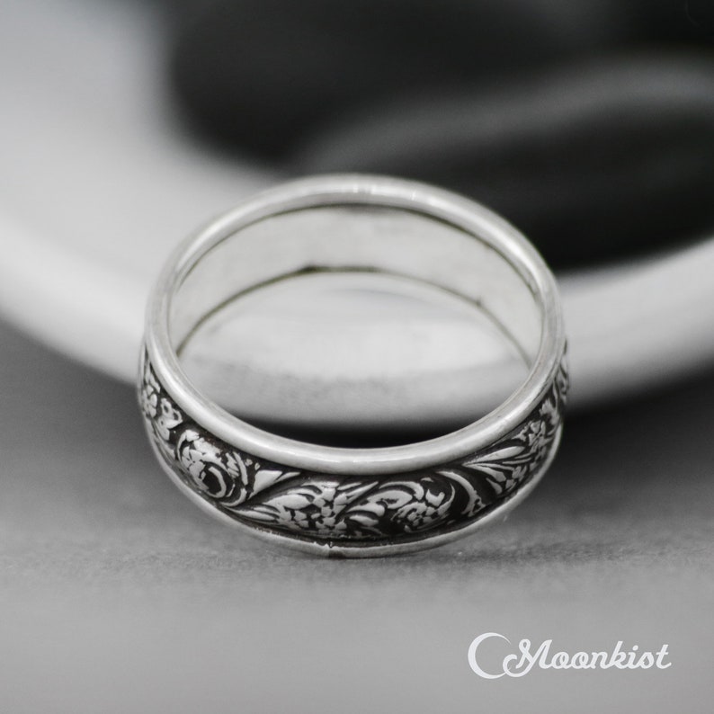 Spring Wildflower Wedding Band Sterling Silver Mens Wedding Band Flower Pattern Ring Wide Unisex Band Ring Floral Wedding Band