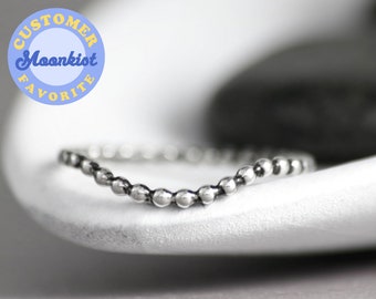 Beaded Curved Wedding Band, Sterling Silver Beaded Chevron Ring, Thin Contour Wedding Band, Simple Curved Band | Moonkist Designs