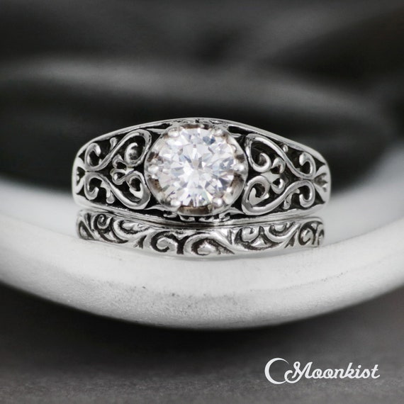 Antique Moissanite Engagement Ring With Matching Wedding Band