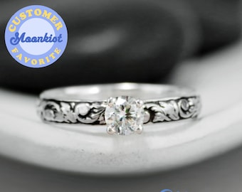 Vintage Style Moissanite Engagement Ring, Sterling Silver Moissanite Promise Ring, Nature Inspired Floral Wedding Ring | Moonkist Designs