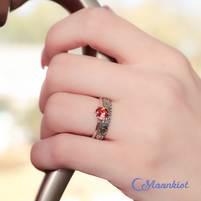 Anastasia Topaz Botanical Ring Set Sterling Silver Solitaire Engagement Ring /& Flower Wedding Ring Set Nature-Inspired Band Ring Set