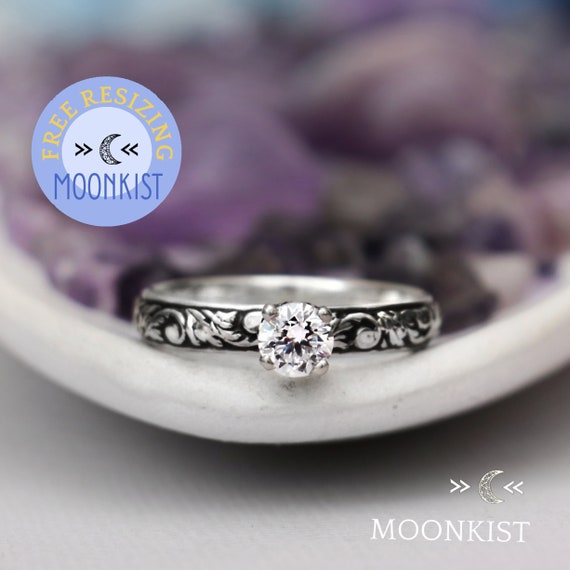 Nature Engraved Engagement Ring Sterling Silver Moissanite