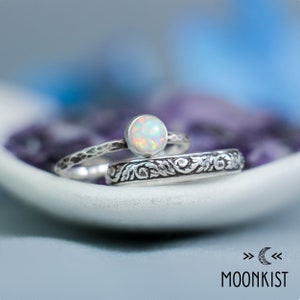 Opal Engagement Ring Set, Sterling Silver Opal Ring Set, Opal Solitaire Ring and Floral Band Ring, Opal Wedding Ring Set Moonkist Designs image 4