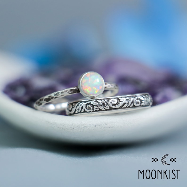 Opal Engagement Ring Set, Sterling Silver Opal Ring Set, Opal Solitaire Ring and Floral Band Ring, Opal Wedding Ring Set Moonkist Designs image 4