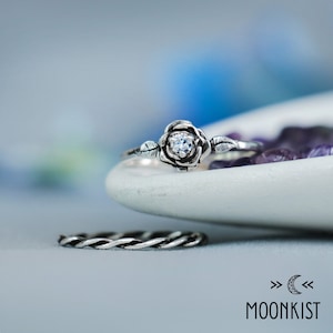 Moissanite Rose Engagement Ring Set & Twist Vine Ring, Sterling Silver Nature Inspired Wedding Ring Set | Moonkist Designs