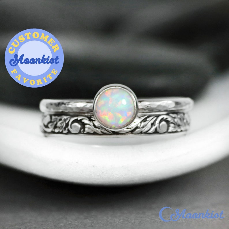 Opal Engagement Ring Set, Sterling Silver Opal Ring Set, Opal Solitaire Ring and Floral Band Ring, Opal Wedding Ring Set | Moonkist Designs 