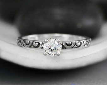 Dainty Scroll Engagement Ring, Sterling Silver White Sapphire Promise Ring for Her, Art Nouveau Solitaire Ring | Moonkist Designs