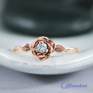 Rose Gold Engagement Ring Flower, 14K Rose Gold Diamond Engagement Ring, Rose Flower Engagement Ring