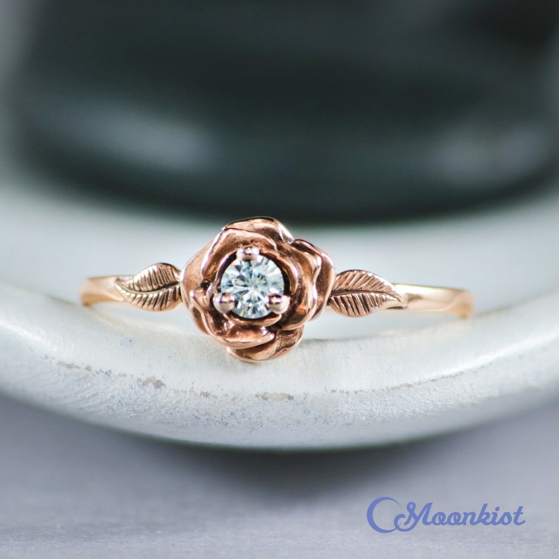 Rose Gold Engagement Ring Flower, 14K Rose Gold Diamond Engagement Ring, Rose Flower Engagement Ring