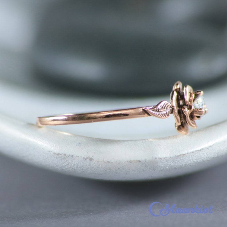 Rose Gold Engagement Ring Flower, 14K Rose Gold Diamond Engagement Ring, Rose Flower Engagement Ring