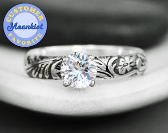 Nature Inspired Moissanite Engagement Ring for Women, Silver Flower Blossom Engraved Engagement Wedding Ring | Moonkist Designs