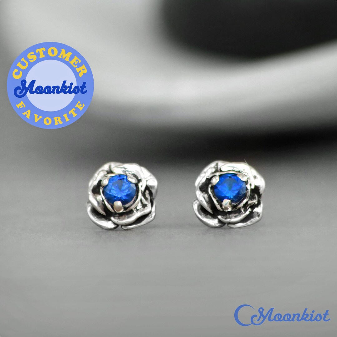 Blue Sapphire Flower Earrings, Sterling Silver Sapphire Stud Earrings