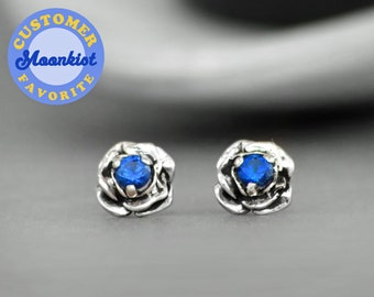 Blue Sapphire Flower Earrings, Sterling Silver Sapphire Stud Earrings | Moonkist Designs