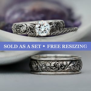 Vintage Floral Three Piece Wedding Ring Set, Sterling Silver His and Her Engagement Ring Set | Moonkist Designs