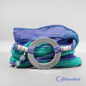 Live love heal silk wrap bracelet, positive mantra band, inspirational quote jewelry, silk ribbon bracelet | Moonkist Designs