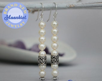 Romantic Pearl Dangle Earrings, Long Pearl Earrings, Pearl Dangle Drops, Pearl Bridal Earrings, Pearl Wedding Earrings | Moonkist Designs