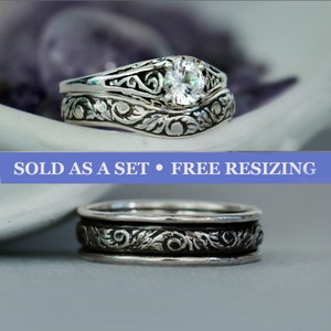 Dainty Vintage Inspired 3 Piece Trio Wedding Ring Set, Silver Matching His and Her Engagement Ring Set | Moonkist Designs