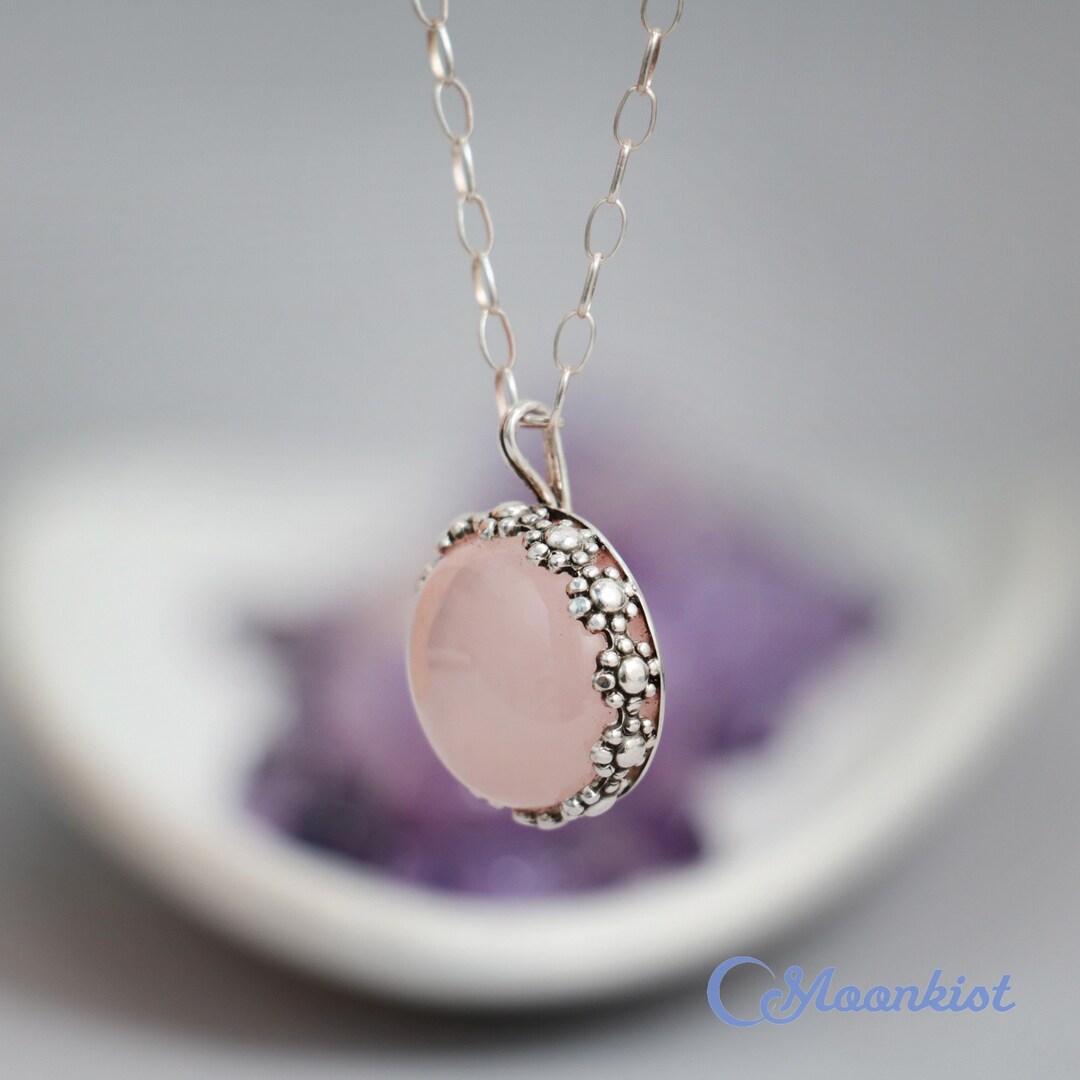 Rose Quartz Flower Necklace, Sterling Silver Cabochon Stone Necklace