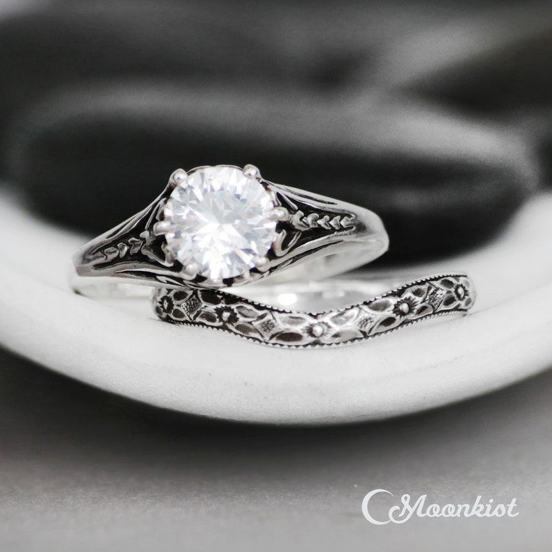 White Sapphire Wedding Ring Set Sterling Silver Filigree | Etsy