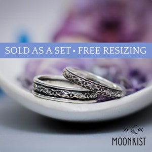 Art Deco Pattern Wedding Rings, Matching Wedding Band Set, Sterling Silver Matching Promise Rings For Couples | Moonkist Designs