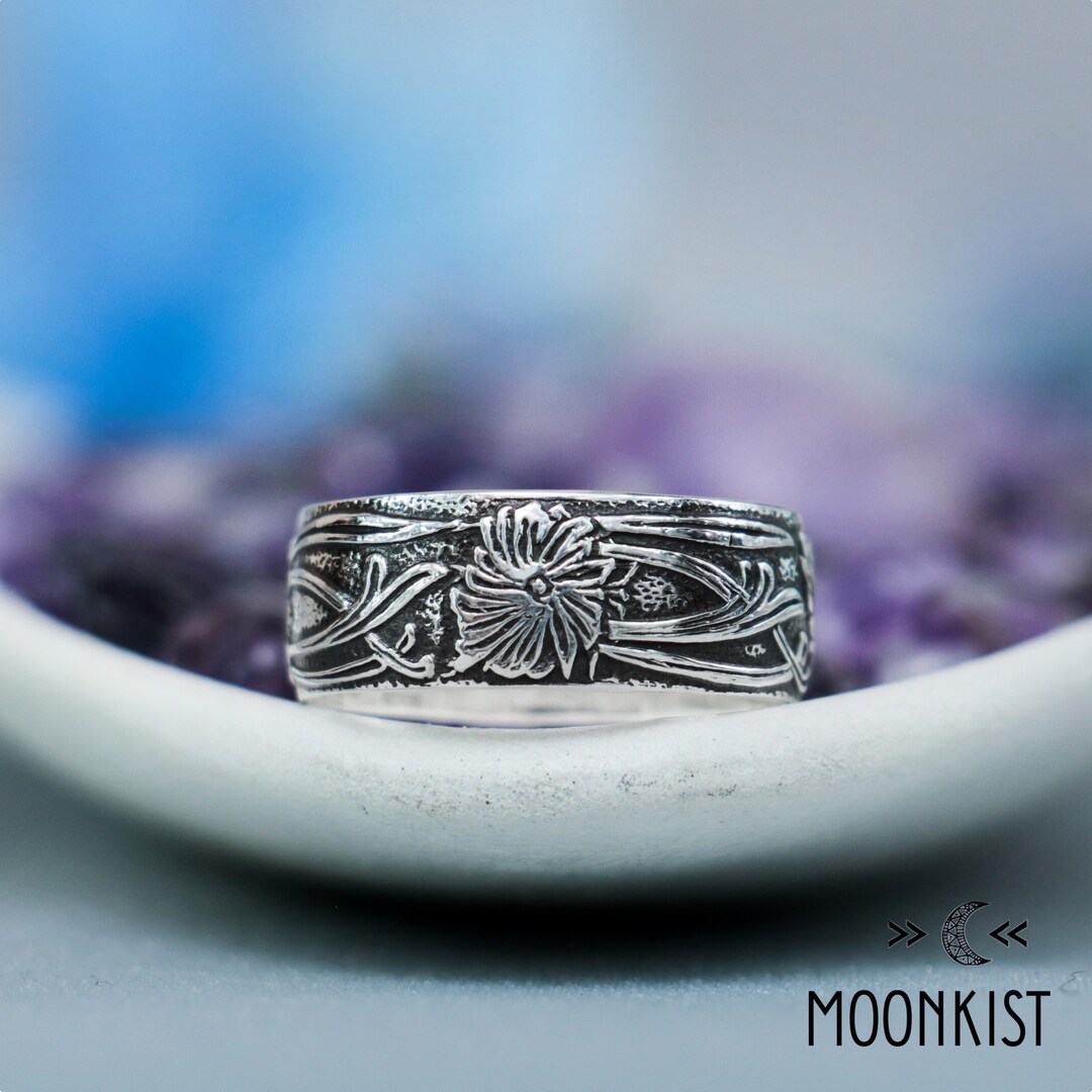 Art Nouveau Wedding Ring for Women, Sterling Silver Floral Wedding