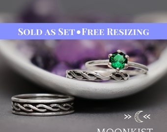 Celtic 3 Ring Wedding Set, Infinity Celtic Knot Silver Engagement Ring Set, Couples Matching Trio Wedding Ring Set | Moonkist Designs