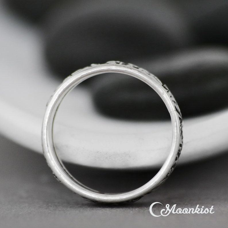 Spring Wildflower Wedding Band Sterling Silver Mens Wedding Band Flower Pattern Ring Wide Unisex Band Ring Floral Wedding Band