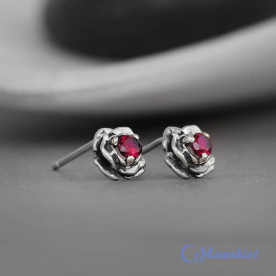 Flower Stud Earrings Ruby Flower Earrings Sterling Silver - Etsy