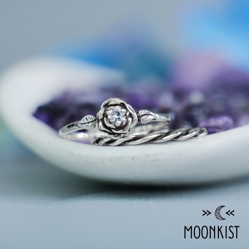 Moissanite Rose Engagement Ring Set & Twist Vine Ring, Sterling Silver Nature Inspired Wedding Ring Set | Moonkist Designs