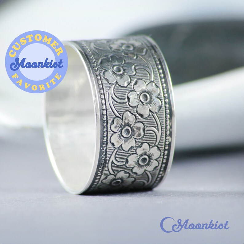 Floral Wedding Ring Sterling Silver Cherry Blossom Ring Wide Etsy