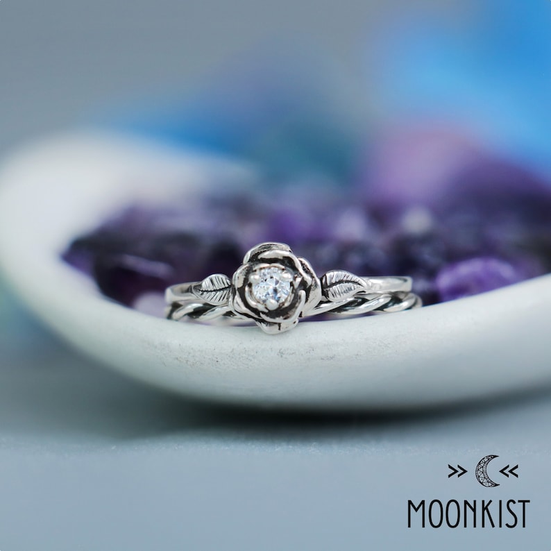 Moissanite Rose Engagement Ring Set & Twist Vine Ring, Sterling Silver Nature Inspired Wedding Ring Set | Moonkist Designs