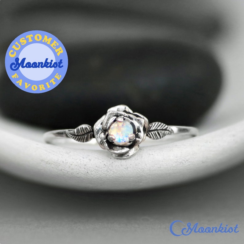 Rainbow Moonstone Engagement Ring, Sterling Silver Moonstone Ring, Rose Promise Ring, Nature-Inspired Botanical Ring | Moonkist Designs 