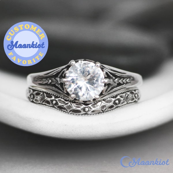 Vintage Style 7mm Moissanite Engagement Ring with Curved Band, Sterling Silver Round Engagement Ring Set for Women | Moonkist Designs