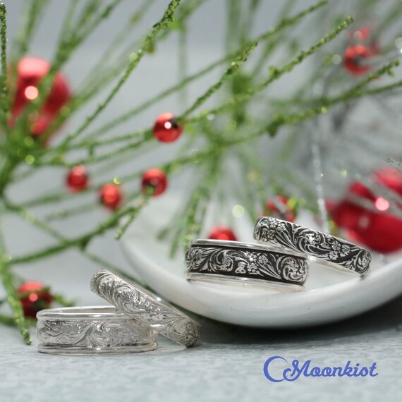 Wildflower Wedding Band Set Sterling Silver Wedding Set Etsy