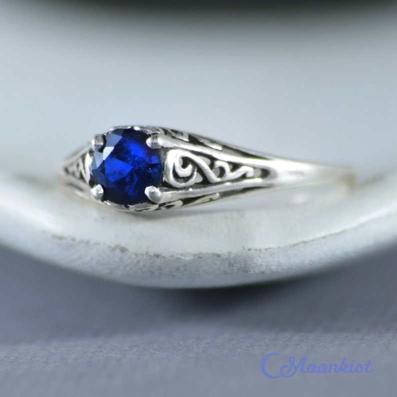 Dainty Blue Sapphire Promise Ring, Sterling Silver Victorian Sapphire Engagement Ring, September Birthstone Ring | Moonkist Designs 