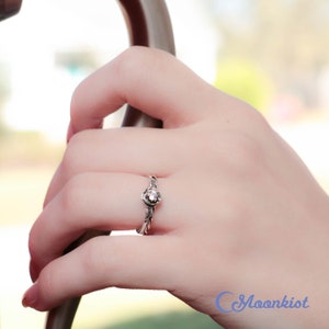 Hand Picture - White Sapphire Rose Engagement Ring Set & Twist Vine Ring, Sterling Silver Nature Inspired Wedding Ring Set | Moonkist Designs