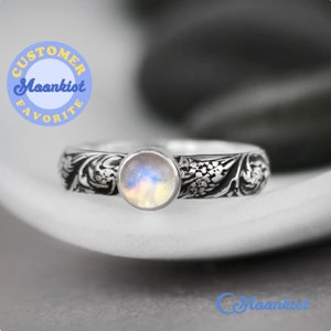 Rainbow Moonstone Promise Ring, Sterling Silver Moonstone Engagement Ring, Wildflower Floral Ring, Moonstone Ring Silver | Moonkist Designs