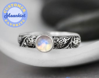 Rainbow Moonstone Promise Ring, Sterling Silver Moonstone Engagement Ring, Wildflower Floral Ring, Moonstone Ring Silver | Moonkist Designs