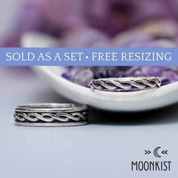 Celtic Wedding Band Set, Sterling Silver Wedding Ring Set, Matching Couple Promise Rings, Couples Rings | Moonkist Designs