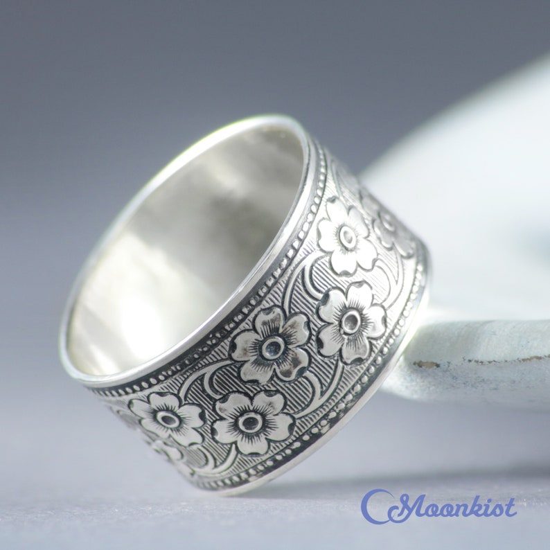 Floral Wedding Ring Sterling Silver Cherry Blossom Ring Wide Etsy