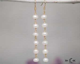 Real Freshwater Pearl Dangle Earrings, Simple Long Pearl Earrings, 18K Gold Chain Pearl Earrings, Pearl Drop Earrings | Moonkist Designs